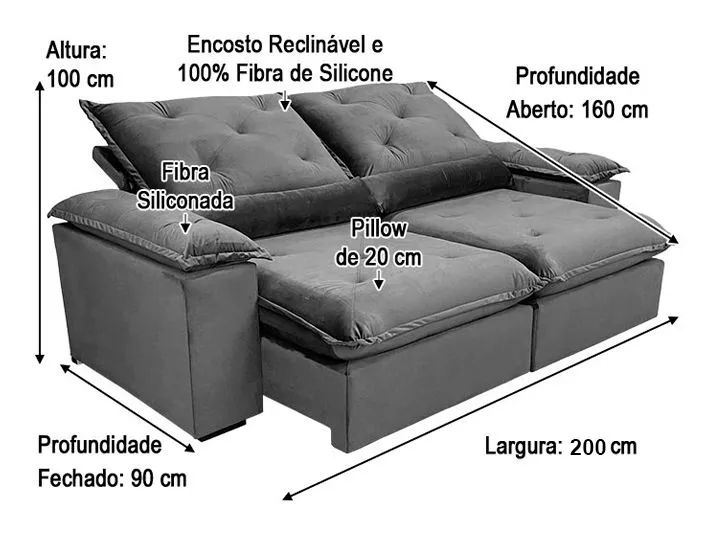 Sofá Retrátil Reclinável 2 Lugares 200cm Veludo Cinza - Foto 5
