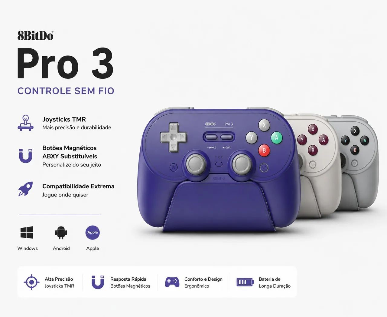 Controle 8BitDo Pro 3 Bluetooth Dock Nintendo Switch PC Steam