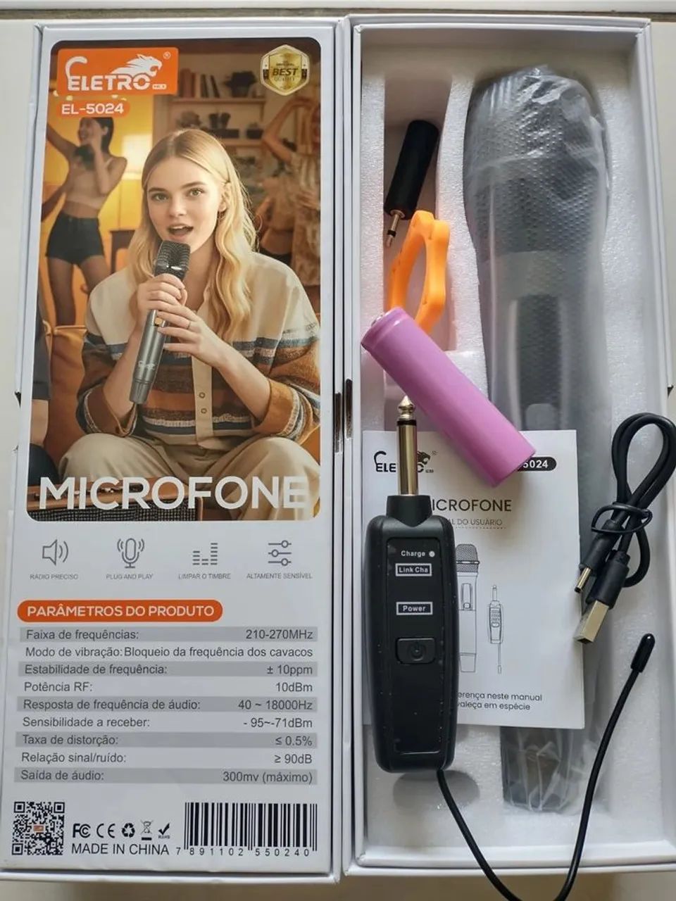 Microfone Sem Fio Dinâmico Eletromex EL-5024 Recarregável Plug P10 Profissional - Foto 3