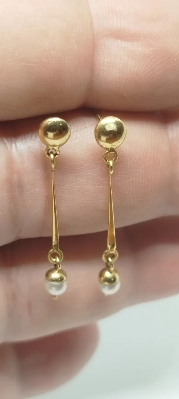 Brincos pendentes ouro 18k pérola - 3cm - Foto 3