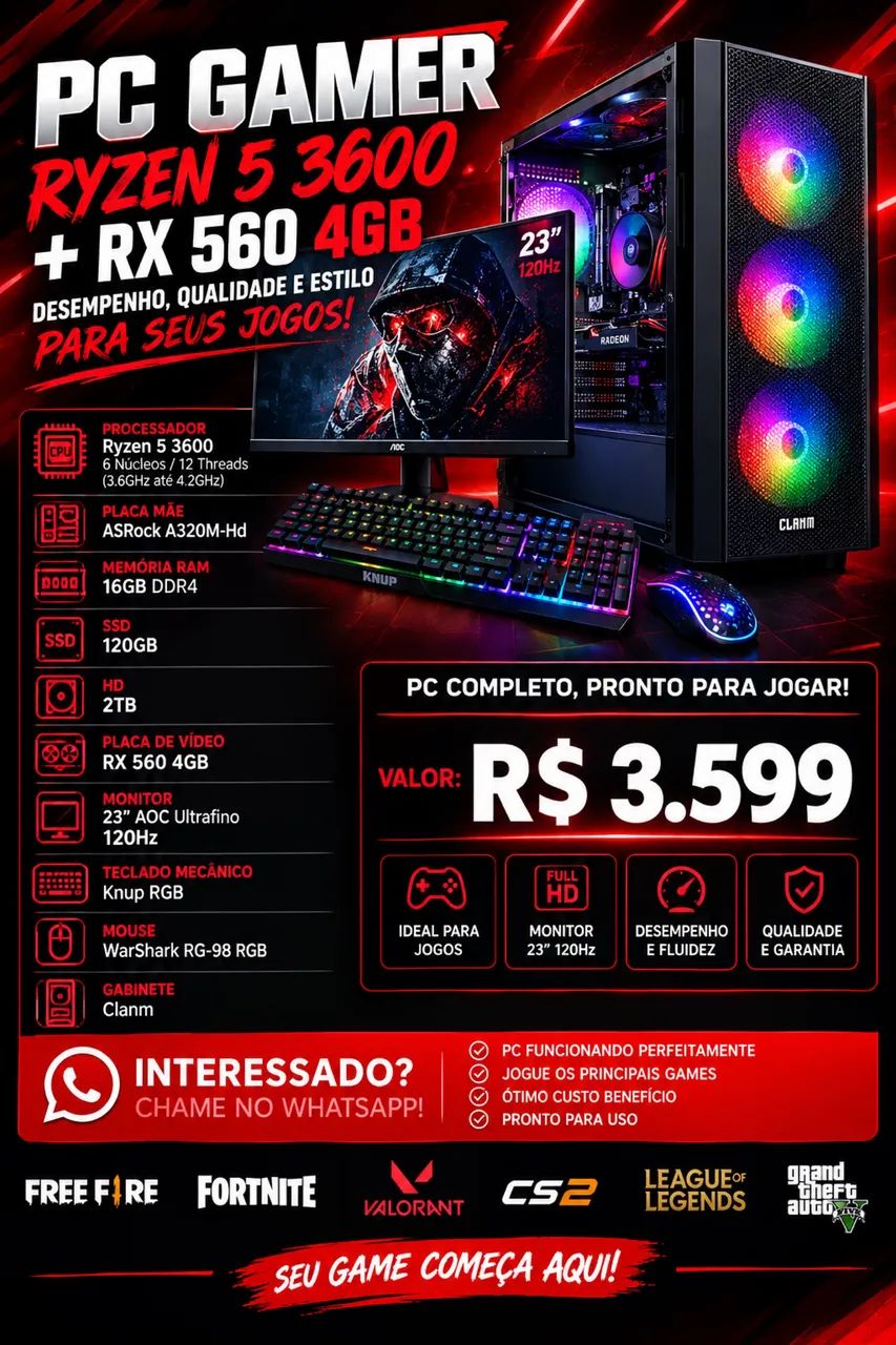 PC GAMER RAYZEN 5 3600 RX 5600 4GB (Completo) - Foto 2