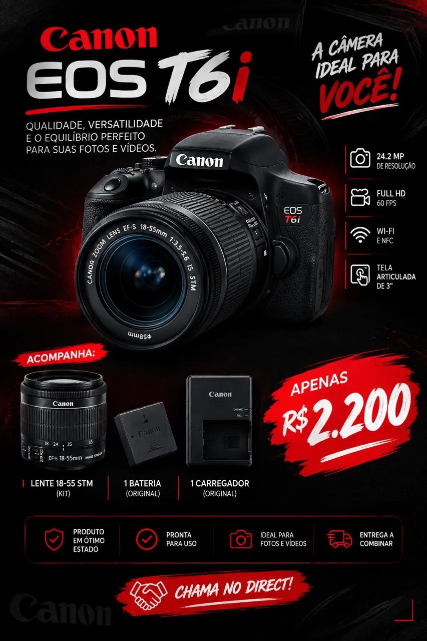 Canon T6i DSLR + 18-55mm STM | Excelente para Fotos e Vídeos