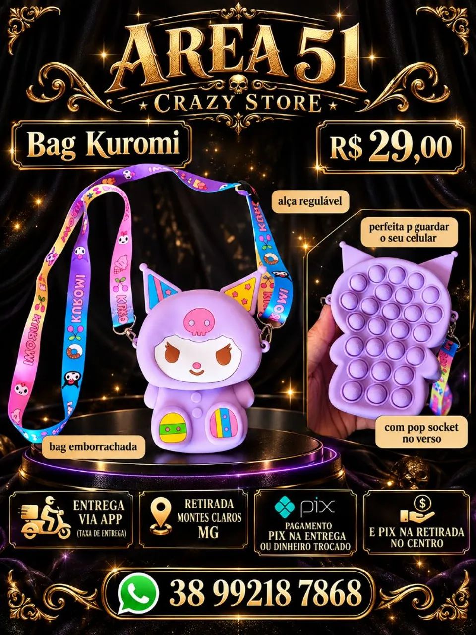 Bolsa silicone Kuromi regulável com pop socket 