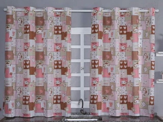 Cortina de cozinha 2.00X 1.40 estampadas tecido poliéster Oxford tergal rosa