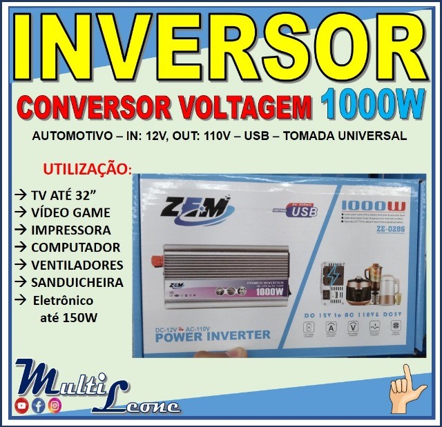 Inversor de Voltagem Conversor de energia 12V para 110V potência 1000w