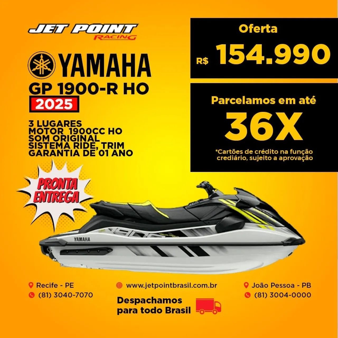 JET SKI NOVO YAMAHA GP 1900-R HO 2025, 3 Lugares, Som Premium, TROCO, Parcelamos 36x