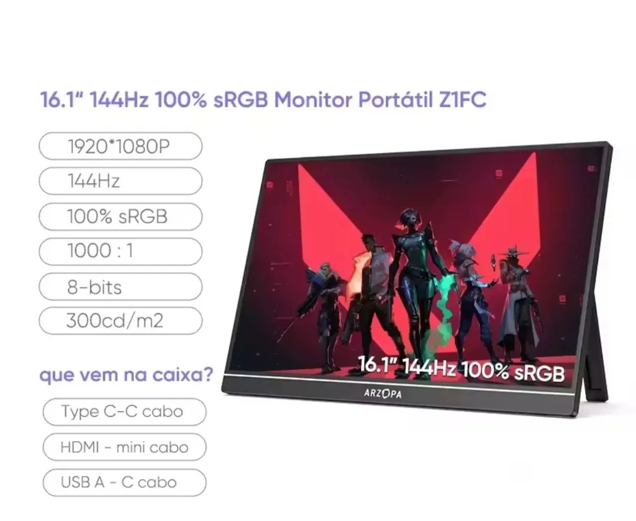 Monitor Portátil Arzopa Z1FC 16.1 Polegadas 144Hz 100 por cento sRGB