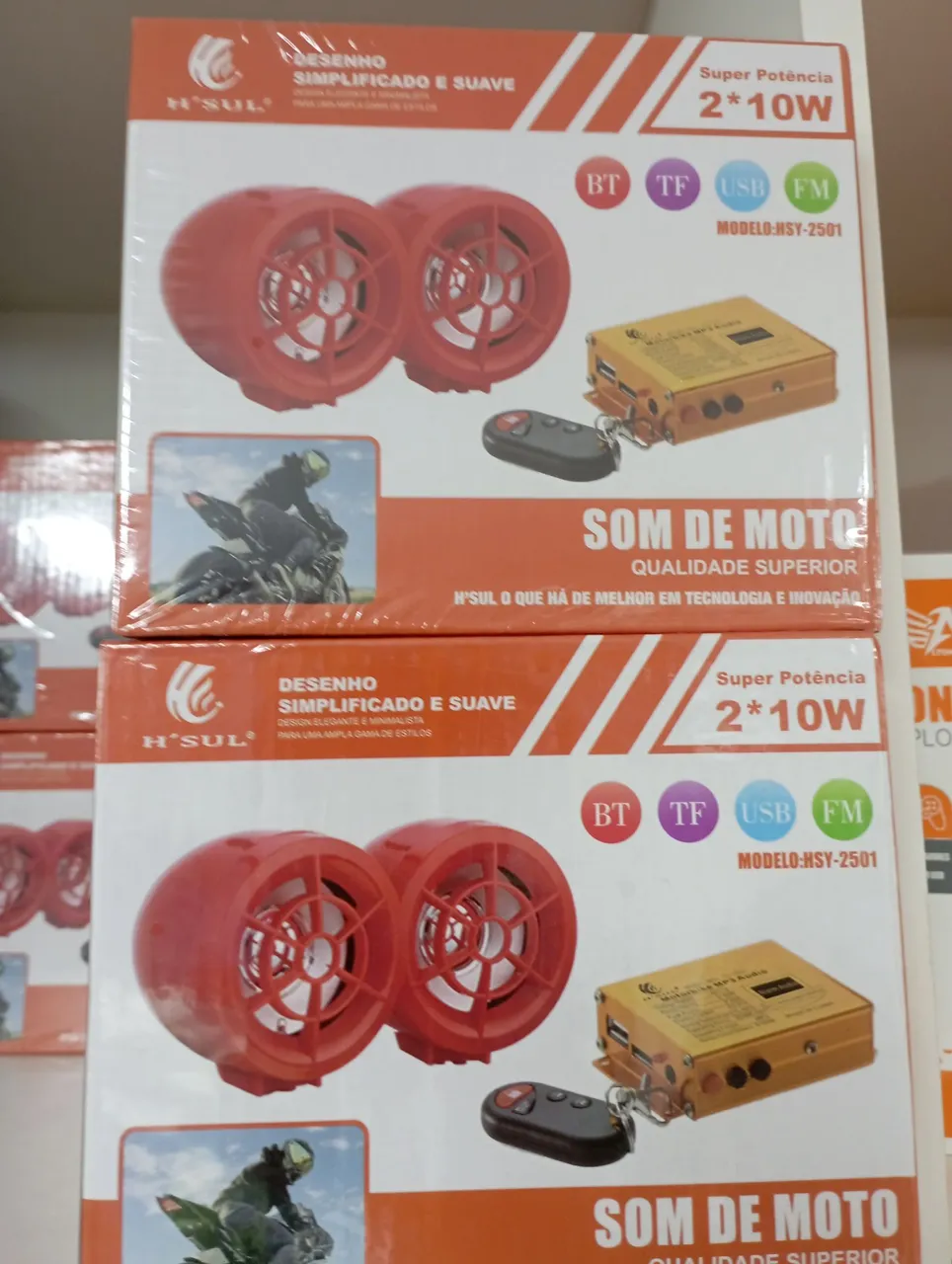Alarme e Caixa de som para Moto 2x10W H'SUL com Bluetooth, USB e Controle Remoto