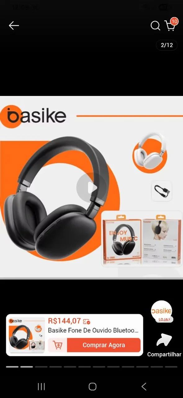 Fone de ouvido preto marca Basike bluetooth com apenas 6 meses de uso de 200,00 por 160,00