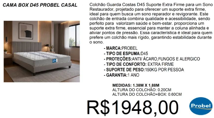 Colchão + box - casal - D45 - probel - compre hoje e receba em até 72 horas 