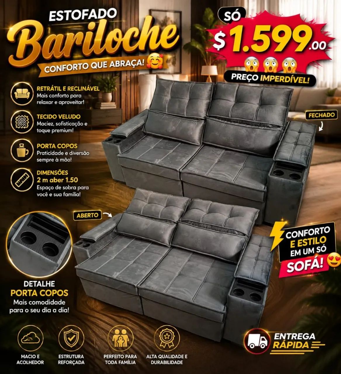 Sofá Bariloche novo com porta copos $1599, entrega grátis  - Foto 3