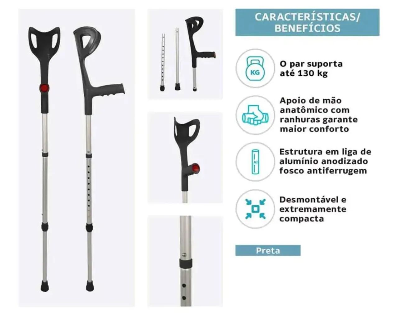 Par de Muletas Canadenses de Alumínio Regulável - Novo - Foto 4