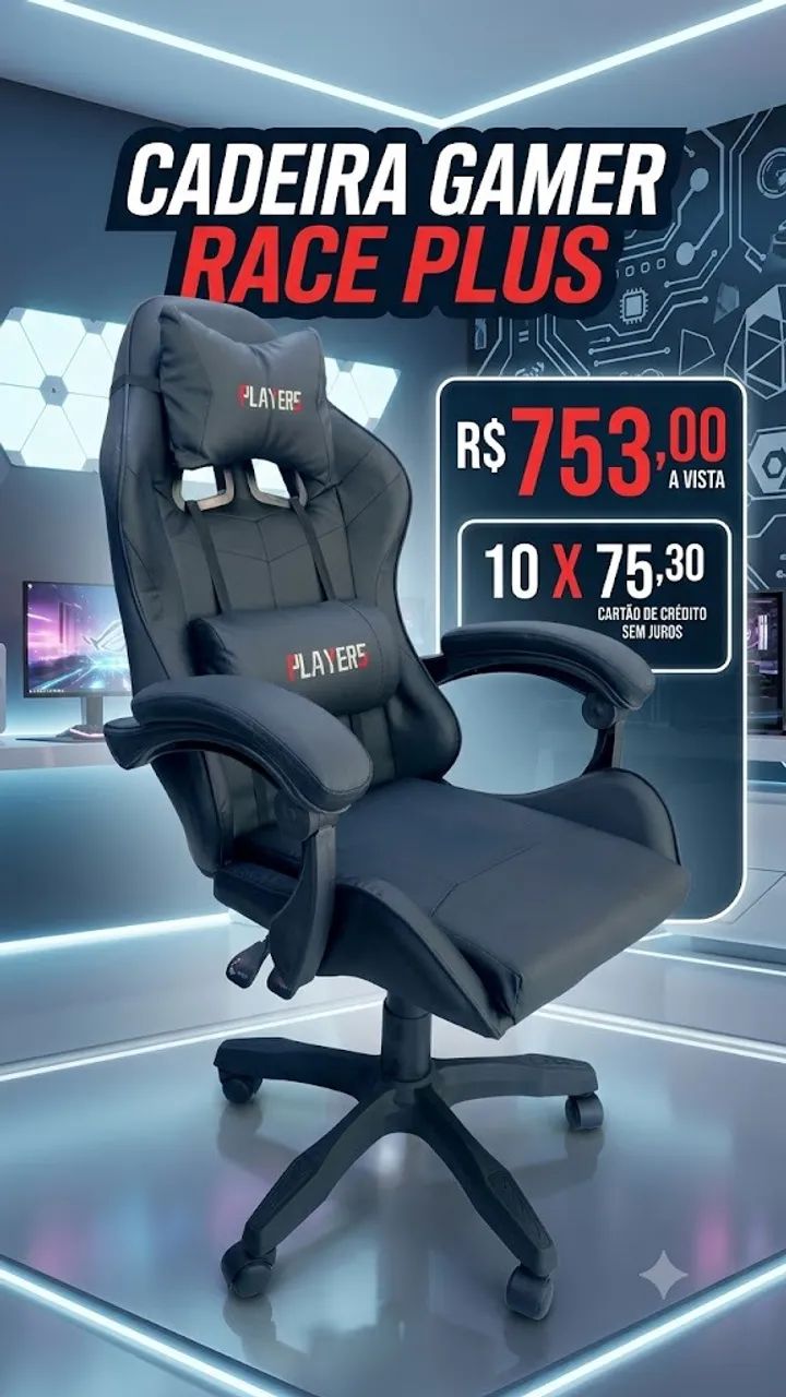 Cadeira Gamer Nova, BULK modelo RACER PLUS, Presidente, Cor Preta