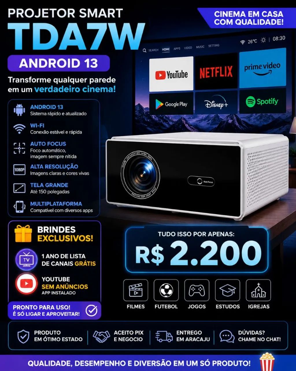 Projetor Smart TDA7W Android 13 - Cinema em Casa + Brindes! 