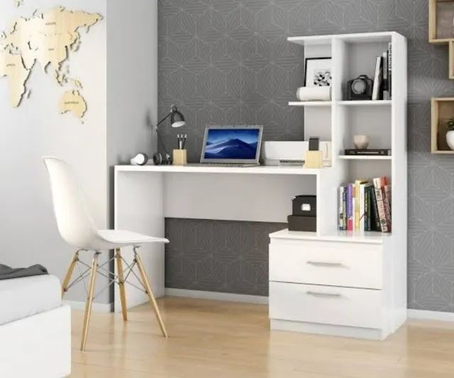 Escrivaninha 2 Gavetas com Prateleiras Poli - Novo - Mega Oferta