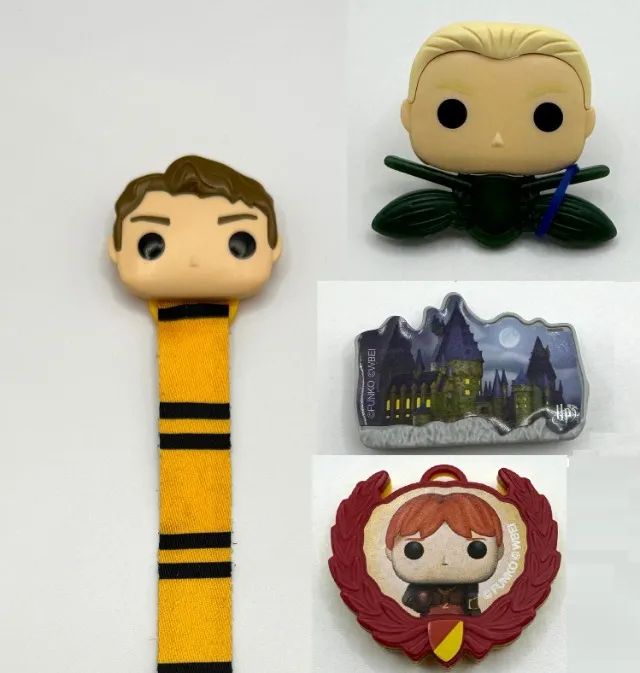 Conjunto 4 acessórios Harry Potter Funko Pop Kinder Joy Marca páginas Cedrico Draco Rony