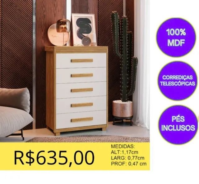 COMODA 5 GAVETAS 100% MDF A PRONTA-ENTREGA  - Foto 2