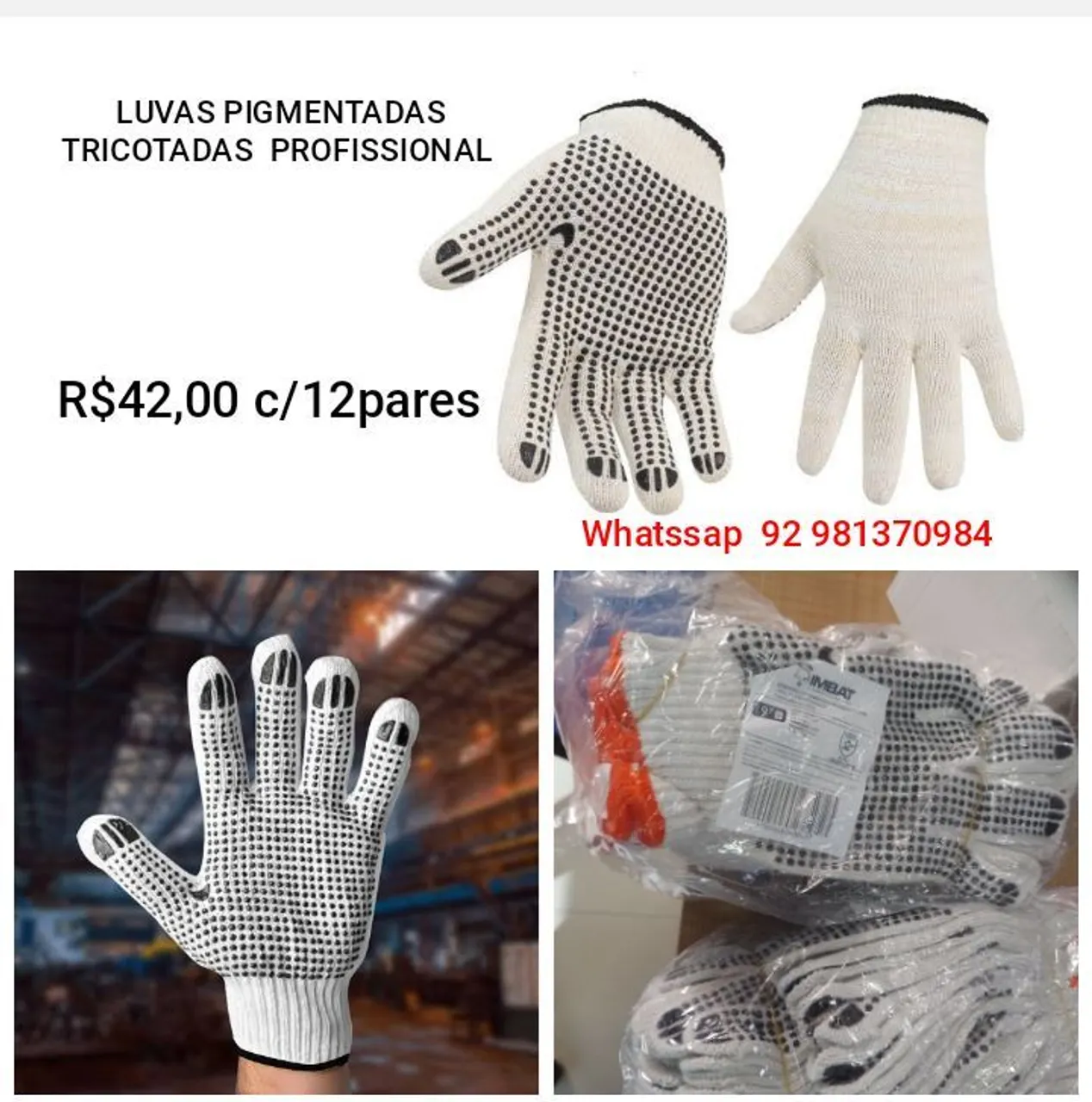 Luva Pigmentada Tricotada Profissional - Kit c/ 12 Pares