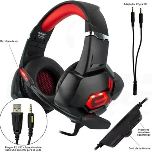 Headset Gamer Knup KP-FN600 Red Led Vermelho P3 + Adaptador P2 - WZetta