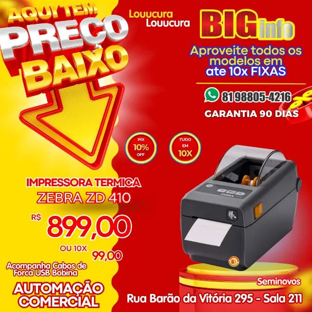 Impressora de Etiqueta Térmica Direta ZD410 Bluetooth