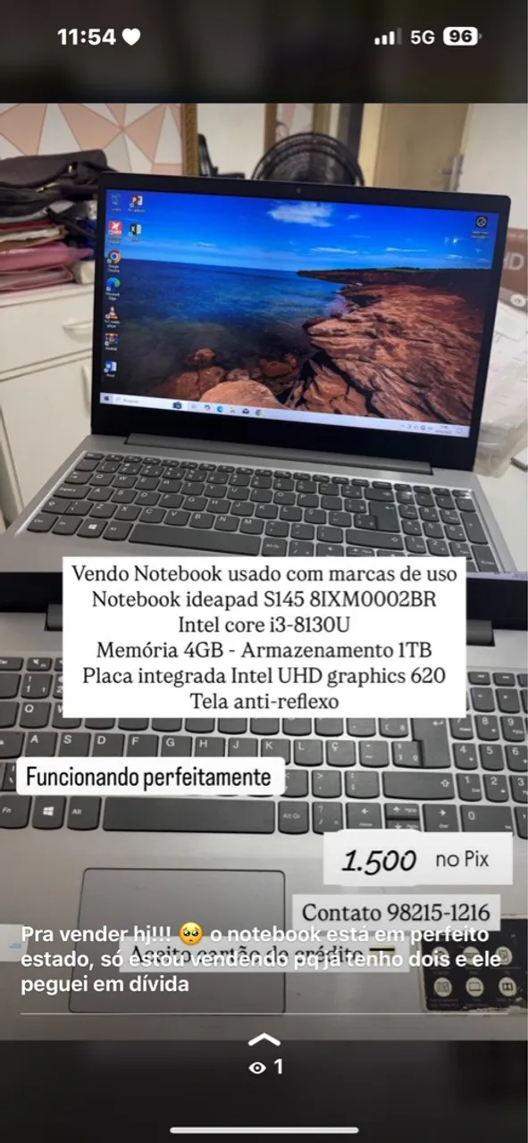 Notebook Lenovo IdeaPad S145 i3 8GB 1TB