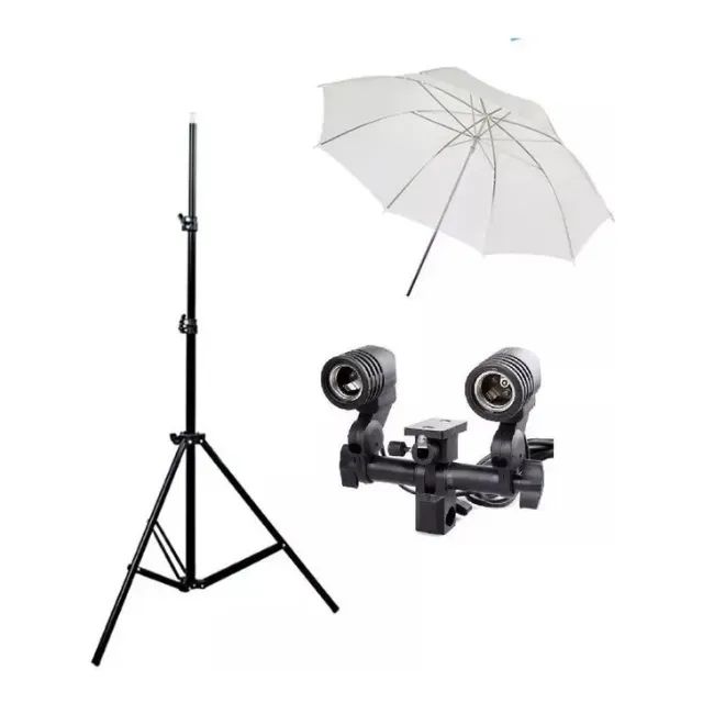 Kit Sombrinha Difusora Branca + Soquete Duplo E27 + Tripé64292681946883122