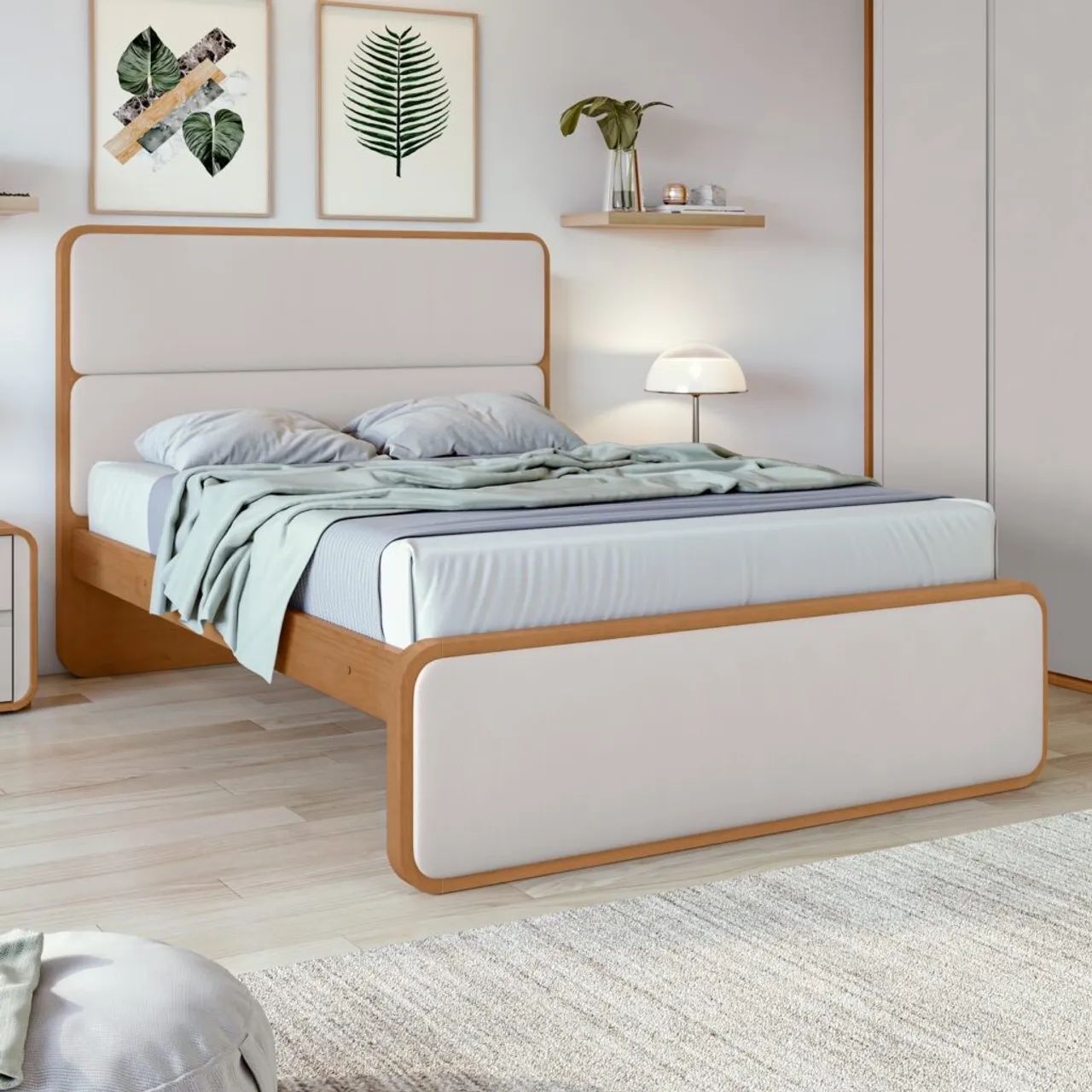 Cama casal Loop amêndoa Clean com cabeceira estofadas - ENTREGA HOJE !!! 