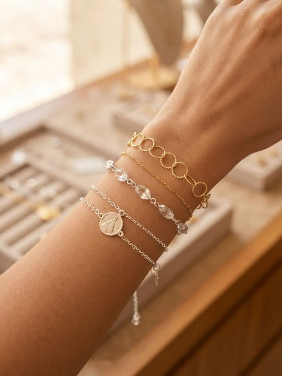 Pulseiras dourada e prata