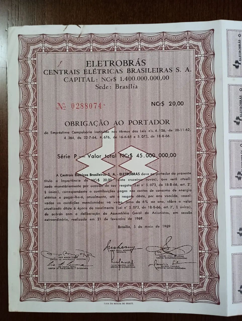 Apólice obrigação Eletrobras série P 20 cupons 1969