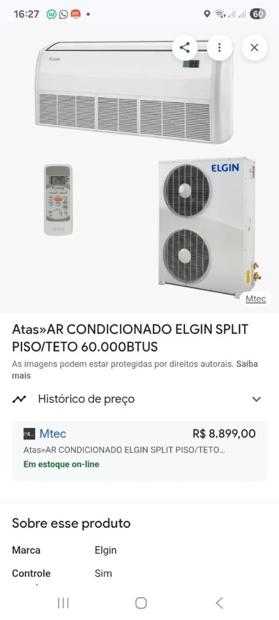 VENDO AR CONDICIONADO PISO TETO 60.000 BTUS TRIFÁSICO USADO