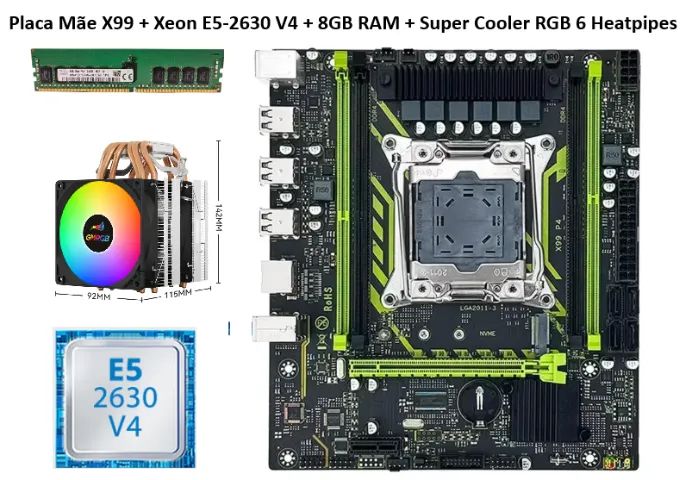 Kit Xeon E5-2630 V4 + X99 + 8gb Ram + Cooler Rgb 6 Heatpipes