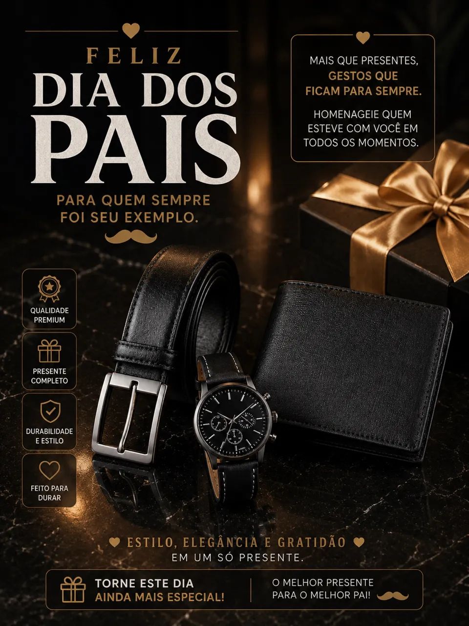 Kit Presente Dia dos Pais, Relógio + Cinto + Carteira Porta Documentos