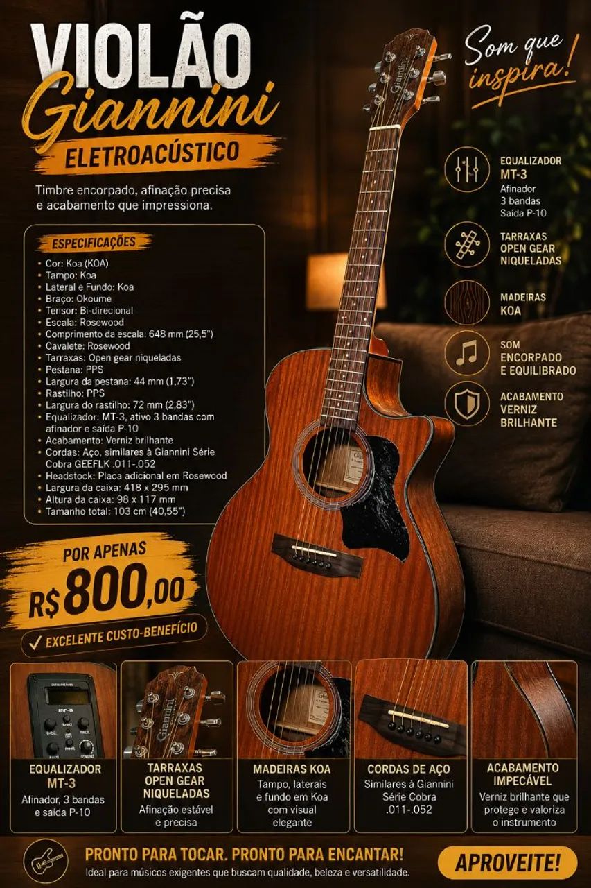 VIOLÃO GIANNINI ELETROACÚSTICO - QUALIDADE, CONFORTO E ÓTIMO SOM!