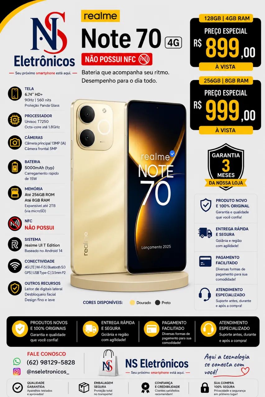 Realme Note 70 4G 256+08 Novo Entregamos Grátis 