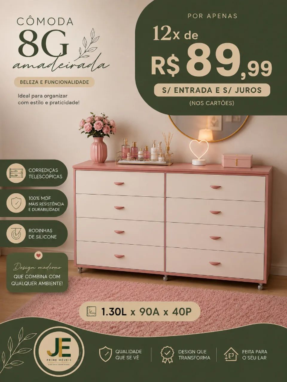 Comoda 8 gavetas rosê com rodinhas 