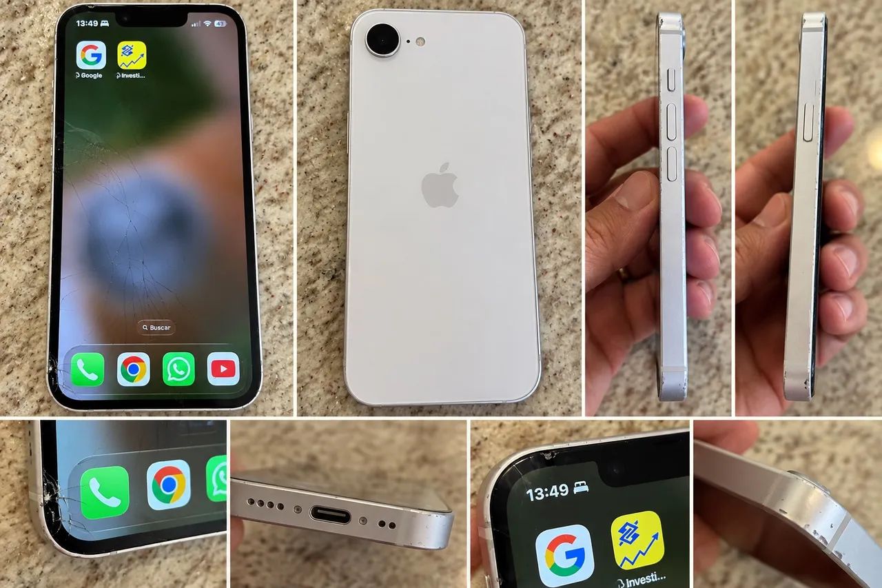iPhone 16e 128GB branco c/ detalhes 