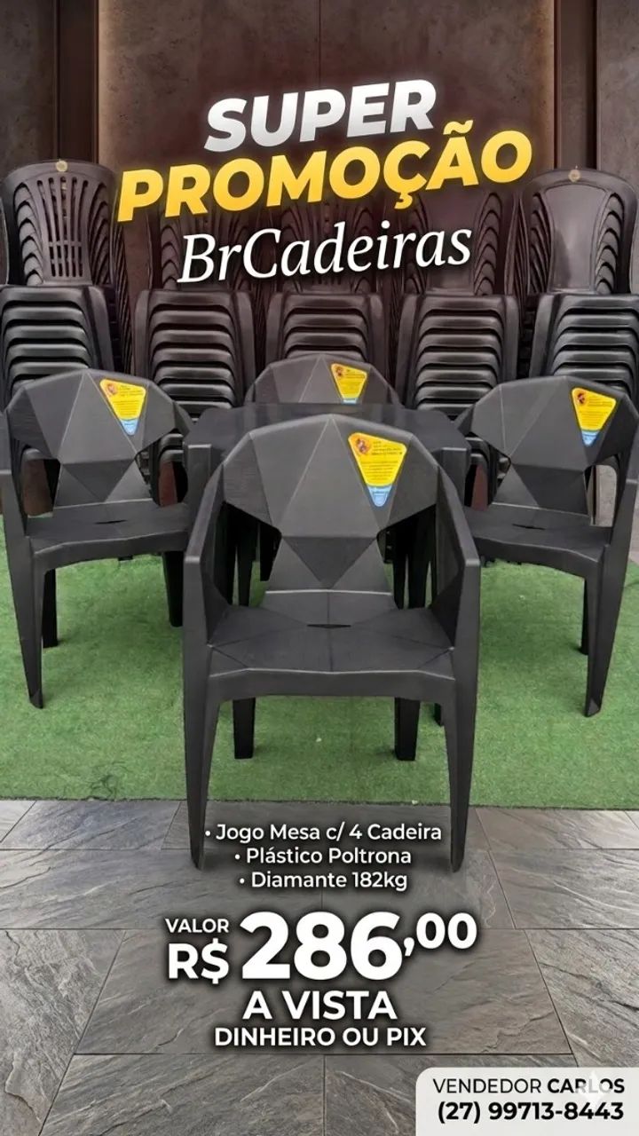 Jogo Mesa Plástico com 4 Poltrona Diamante 182kg 