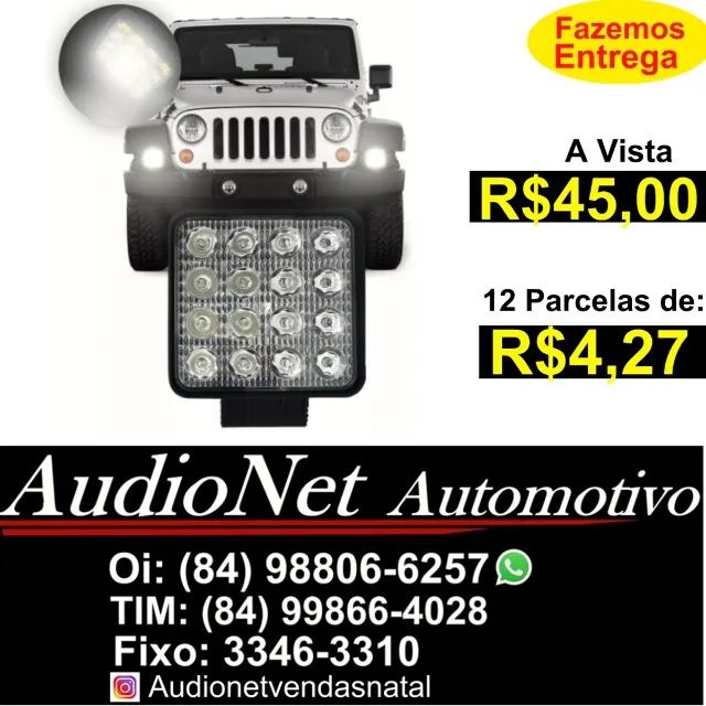 Farol Auxiliar Milha Universal Quadrado 48w 6000k Branco Bivolt 16 Led Luz Neblina