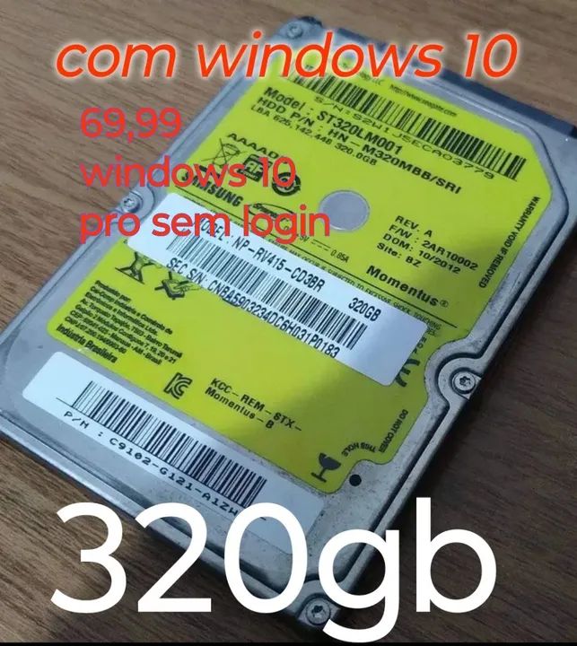 Hd de 320gb da smasung c windows 10 + Office. P notebook