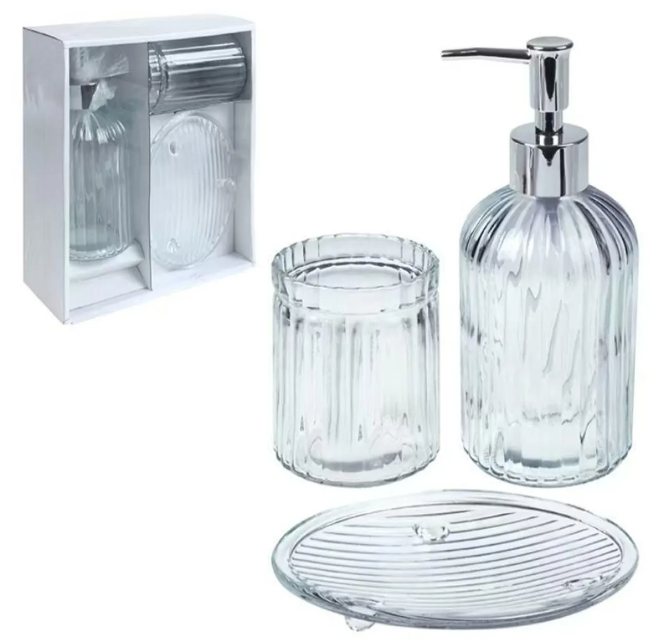 Kit de Banheiro em Vidro - Dispenser, Porta Escova e Bandeja