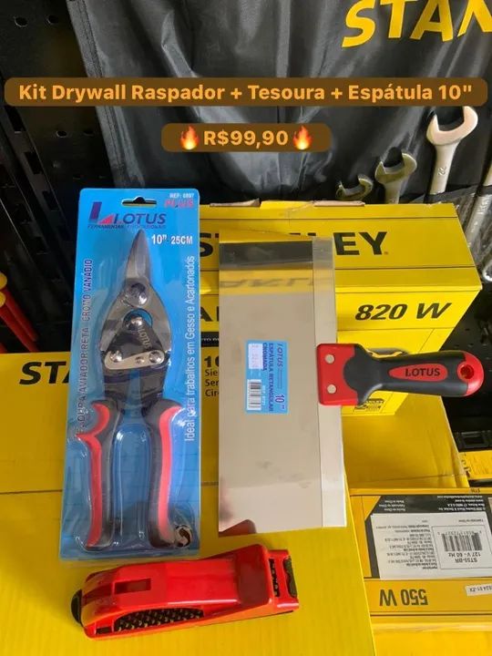Kit Drywall Raspador de Placas 6'' Tesoura Aviador Reta Espátula Reta de Inox 10'' Lotus
