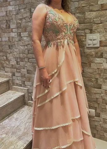 VESTIDO ARTE SACRA CAMADAS  ROSÊ ROSA PEDRARIA NOIVA MADRINHA DEBUTANTE FORMATURA