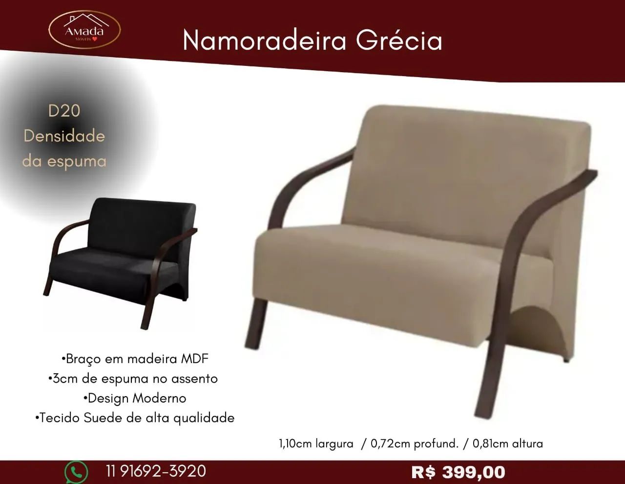 Namoradeira Grécia, braço em madeira MDF espuma D20, entrega em 3 Dias 