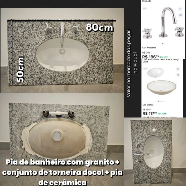 Conjunto Pia Banheiro Granito C/ Torneira e Cuba Louça Docol - NOVO SEM USO - Foto 2