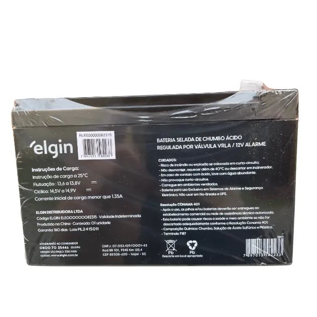 Bateria selada Elgin 12V 7ah para alarme e cerca elétrica