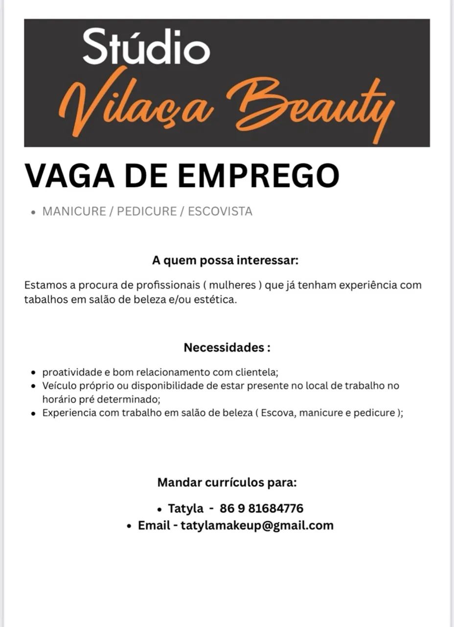 VAGA PARA CABELEIREIRA/MANICURE 