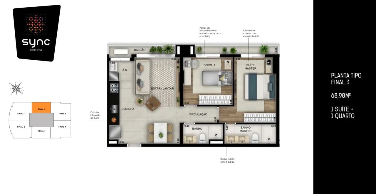 Ágio OPUS SYNC - 70m2 - 2 Quartos, sendo 1 suíte preço de oportunidade Apartamento com 2 Q - Foto 3