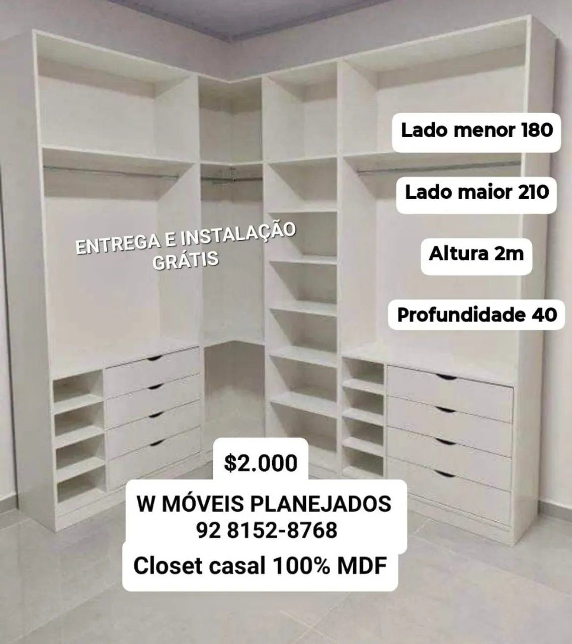 Closet L Planejado de casal 100% MDF - Entrega e Montagem grátis!
