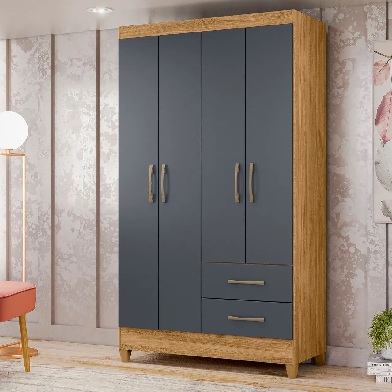 Guarda-Roupa 4 Portas com 2 Gavetas - Bege e Cinza