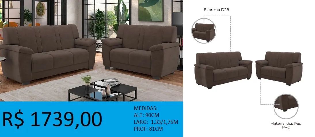 Sofá 2 e 3 Lugares Marrom Confortável e Elegante